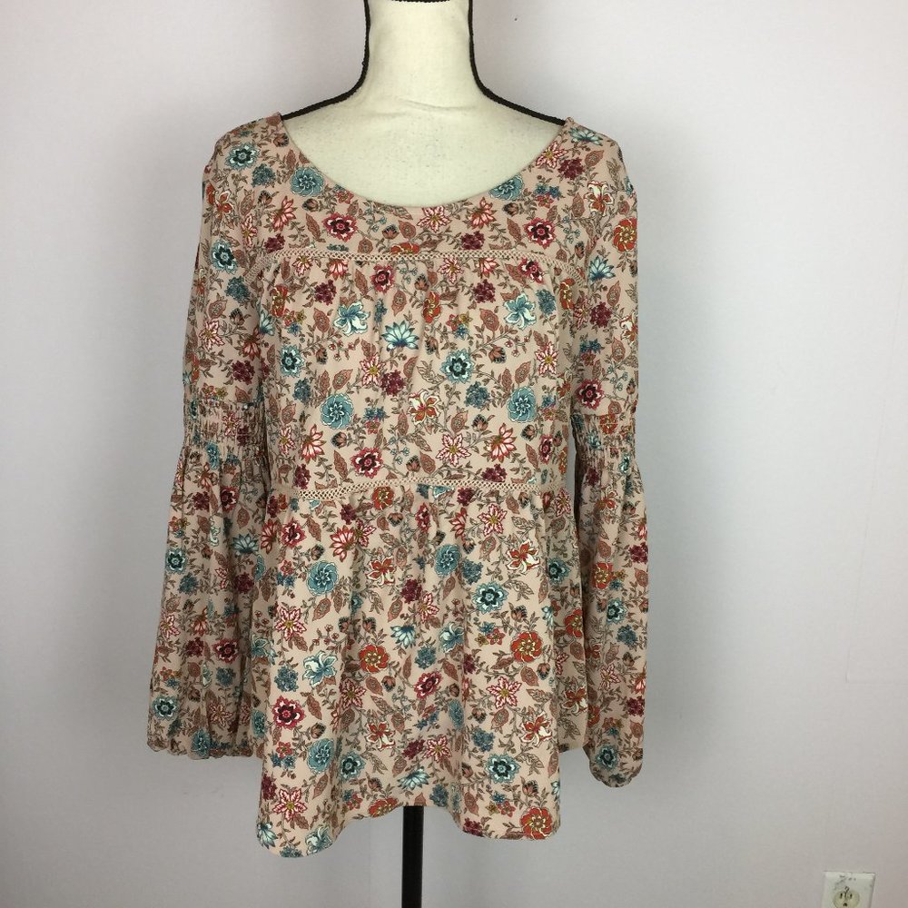 Knox Rose Boho Blouse Top Size M Womans White Red Floral Long Sleeve Boho Tassel